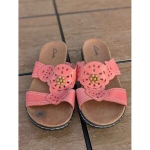 Clarks Leather Slide Sandals Women's Size 9M Pink Floral Comfort Slides
